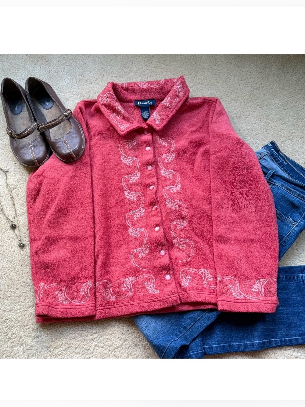 Denim & Co Women’s Embroidered Orange Fleece Jacket w/ Pearl Snaps - L  - VGUC